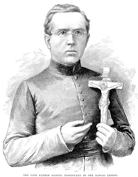JOSEPH DAMIEN DE VEUSTER (1840-1889). Belgian Roman Catholic missionary to the Hawaiian people. Wood engraving, English, 1889