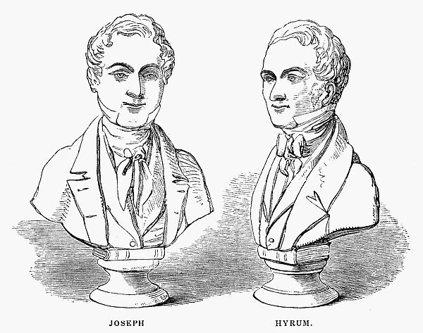 JOSEPH AND HYRUM SMITH. The two Mormon martyrs, Joseph Smith (1805-1844), left, and his brother Hyrum (1800-1844). Wood engraving, American, 1853