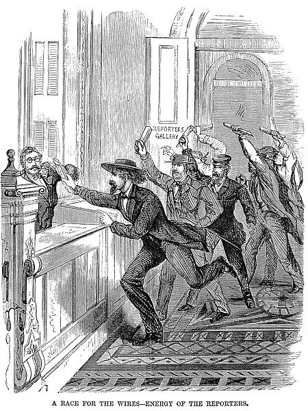 Journalist rushing to the telegraph office in the Capitol during the impeachment trial of President Andrew Johnson. Wood engraving, 1868