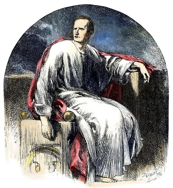 JULIUS CAESAR (100-44 B. C. ). Roman general and statesman. Caesar at home on the eve of the Ides of March, 44 B. C. Wood engraving after Sir John Gilbert from Act II, Scene 2 of a 19th century edition of William Shakespeares Julius Caesar