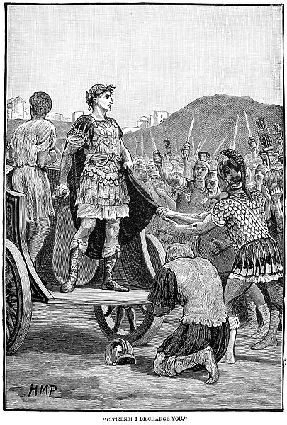 JULIUS CAESAR (100 B. C. -44 B. C. ). Roman general and statesman. Caesar regaining the loyalty of mutinous soldiers of the 10th legion in the Campus Martius at Rome, 47 B. C. Wood engraving, 19th century