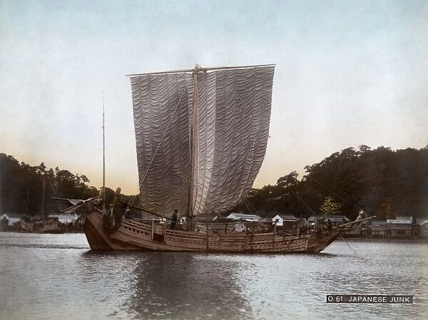 JUNK SHIP, c1900. A junk ship in Japan. Hand colored photograph, c1900