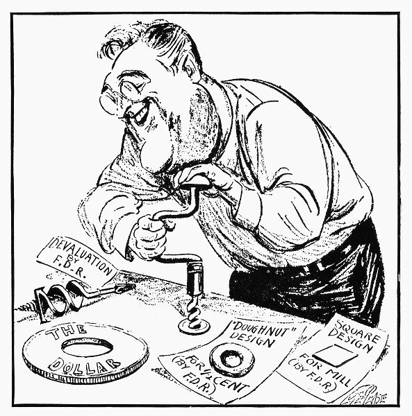 Just Another Hole. President Franklin D. Roosevelt tinkering happily with the United States currency. In January 1934, FDR ended an international exchange war by stabilizing the dollars gold value at 59. 06 cents