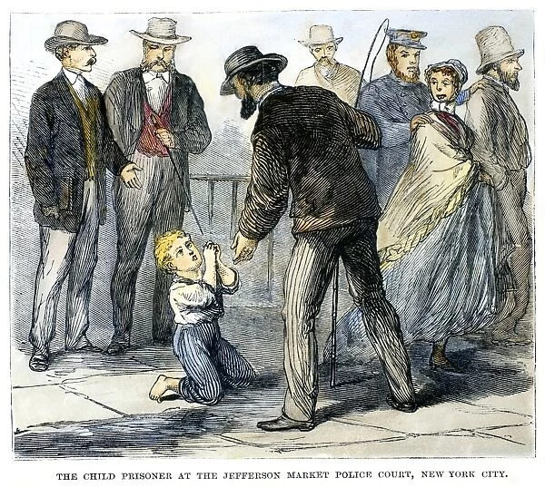 JUVENILE CRIME, 1868. A six year old, sentenced to the House of Refuge on Blackwells Island, New York City, for vagrancy, pleads unavailingly for mercy for his first offense, 1868. Contemporary American wood engraving