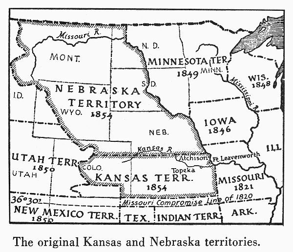 KANSAS-NEBRASKA MAP, 1854. Detail of a map of the United States showing the Kansas