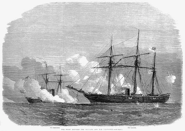 KEARSARGE & ALABAMA, 1864. The Civil War engagement between U. S. S. Kearsarge and C. S. S. Alabama off Cherbourg, France, 19 June 1864. Wood engraving from a contemporary English newspaper