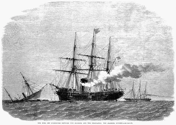 KEARSARGE & ALABAMA, 1864. The sinking of the C. S. S. Alabama by U. S. S. Kearsarge after the Civil War engagement off Cherbourg, France, 19 June 1864. Wood engraving from an English newspaper of 1864