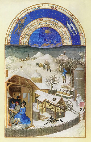 Keeping warm by a farm fireside in February. Illumination from the 15th century manuscript of the Tres Riches Heures, of Jean, Duke of Berry