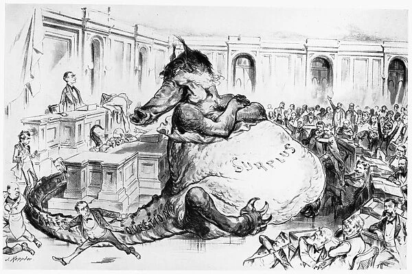 KEPPLER: SURPLUS CARTOON. Cartoon by Joseph Keppler showing the monster financial surplus crowding the hall of Congress in December 1887