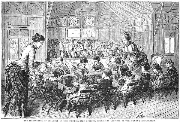 KINDERGARTEN, 1876. The instruction of children in the Kindergarten Cottage, under the auspices of the Womens Department of the Centennial Fair in Philadelphia, Pennsylvania, 1876. Contemporary wood engraving