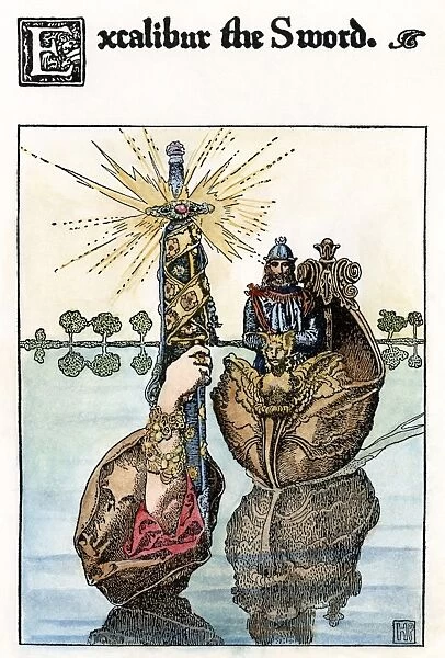 KING ARTHUR, 1903. Receiving the sword Excalibur from the Lady of the Lake. Drawing