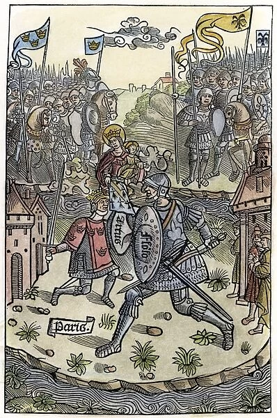 KING ARTHUR FIGHTS A GIANT. Protected by the Virgin. Woodcut, French, 1514