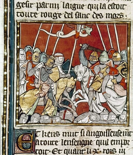 KING ARTHUR. King Arthur in battle. French manuscript illumination, c1290