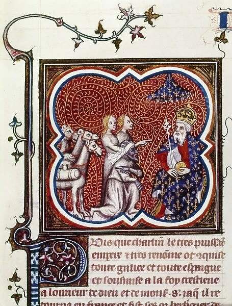 King of the Franks (768-814) and Emperor of the West (800-814). Charlemagne receiving gifts of pagan kings from Ganelon. Medieval manuscript illumination