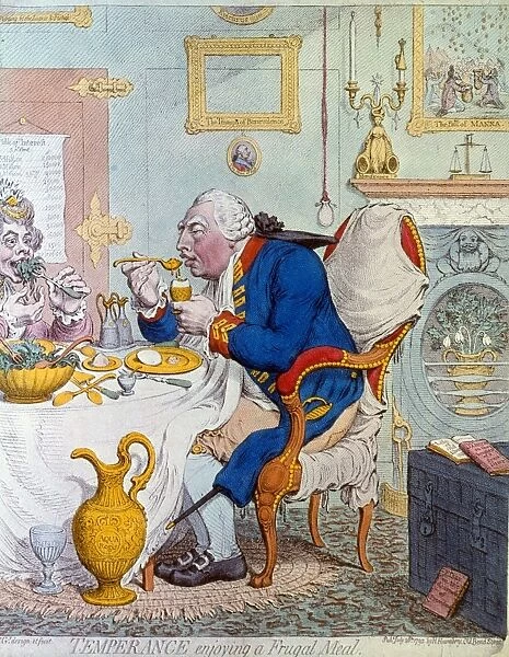 KING GEORGE III OF ENGLAND. Temperance enjoying a frugal meal. George III (1738-1820)