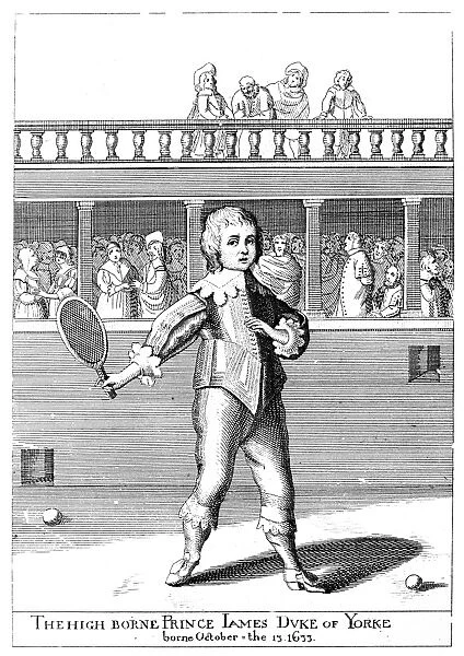 King of Great Britain and Ireland, 1685-1688. James II as a boy, playing tennis. Line engraving, 17th century