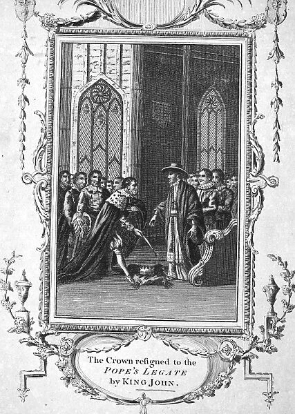 KING JOHN OF ENGLAND (1167-1216). Also called John Lackland. King of England, 1199-1216. King John of England surrendering his kingdom to Pope Innocent IIIs legate at Ewell, near Dover, England, 15 May 1213. Line engraving, English, 18th century