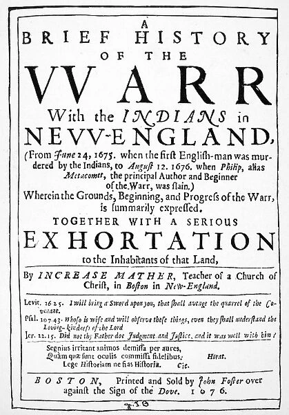 KING PHILIPs WAR, 1676. Title page of a history of King Philips War, by Increase Mather