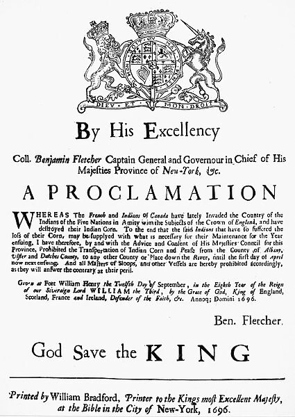 KING WILLIAMs WAR, 1696. Broadside printed by William Bradford of New York announcing