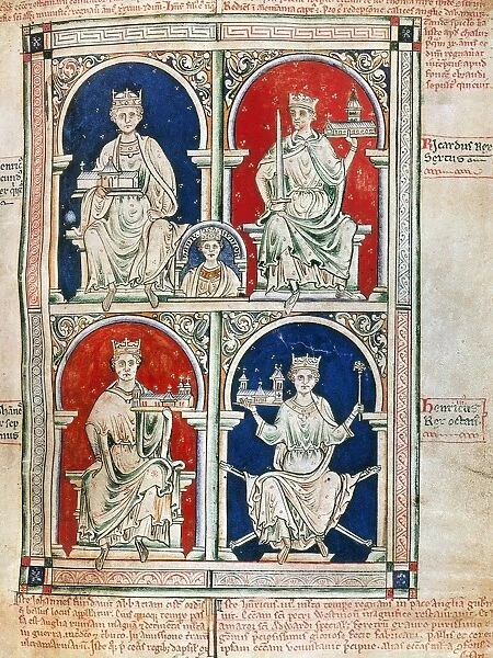 FOUR KINGS OF ENGLAND depicted on a page of a 13th century manuscript: clockwise