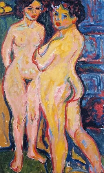 KIRCHNER: NUDE STANDING. Nude Standing by Stove. Painting, Ernst Ludwig Kirchner