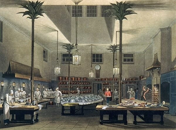 The kitchen of the Royal Pavilion at Brighton, England, designed for the Prince Regent, later King George IV, by John Nash. Color aquatint from Views of the Royal Pavilion by John Nash, 1826