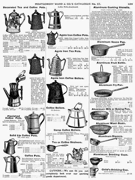KITCHENWARE, 1895. Page from a Montgomery Ward catalogue of 1895, promoting aluminum as the coming metal, soon to replace tin