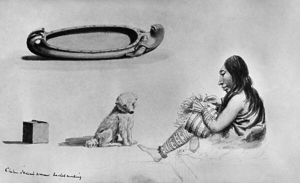 KLALLAM WEAVER AND BOWL. A Klallam Native American woman weaving a blanket, and a Klallam bowl