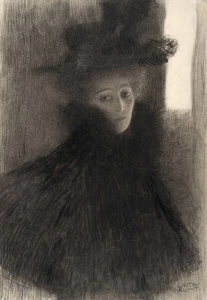 KLIMT: PORTRAIT OF A LADY. Portrait of a Lady with Cape and Hat. Chalk and sanguine on paper