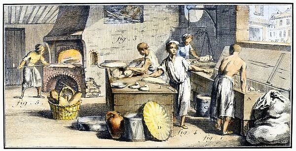 Kneading dough and baking bread in a bakery. Copper engraving, French, 18th century