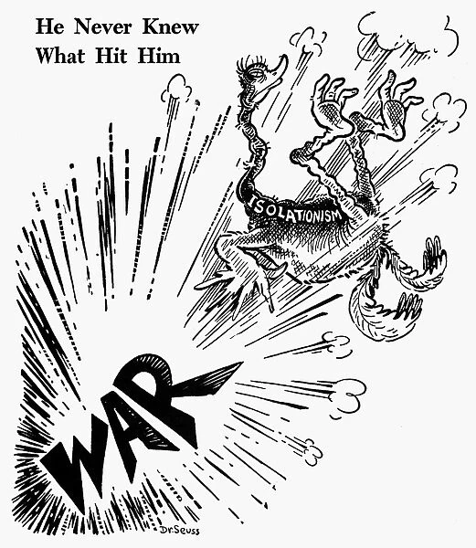He Never Knew What Him. American cartoon by Dr. Seuss (Theodor Geisel) for PM, 8 December 1941, on the fate of American isolationist attitudes in the aftermath of the Japanese attack on Pearl Harbor