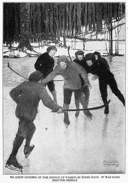 We knew nothing of the science of passing in those days. It was each man for himself. Boys playing Shinny in the nineteenth century. Drawing, 1913, by Walter King Stone and Phillipps Ward