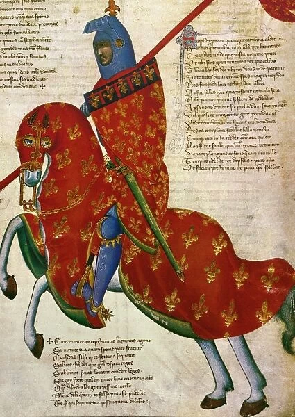 KNIGHT, 14th CENTURY. An armed knight of Prato. Manuscript illustration, Italian, 14th century