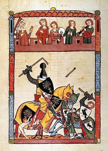 KNIGHT. The minnesinger Albrecht Marschall von Rapperswil in a tournament: illumination from the early 14th century great Heidelberg Lieder ms