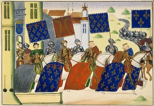 KNIGHTHOOD, c1450. A parade of knights on their way to do battle: ms. illumination