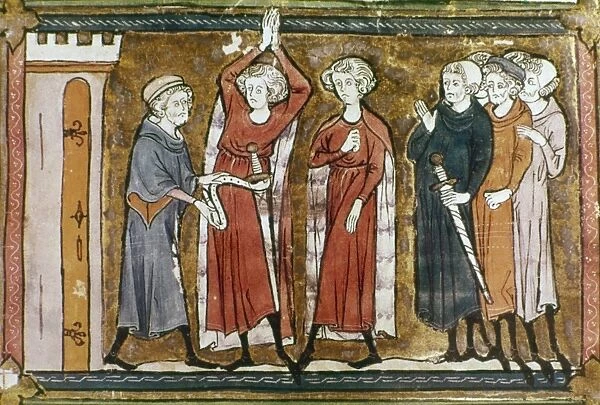 KNIGHTHOOD CEREMONY. Ceremony of conferring knighthood: French manuscript illumination