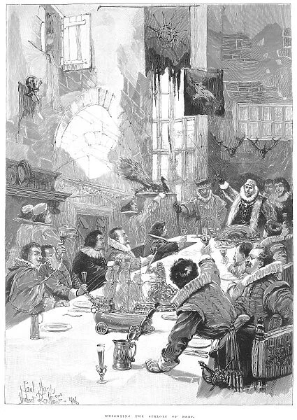 KNIGHTING THE SIRLOIN. King Charles II, or King James I, knighting the beef (Sir Loin). Wood engraving, English, 1896