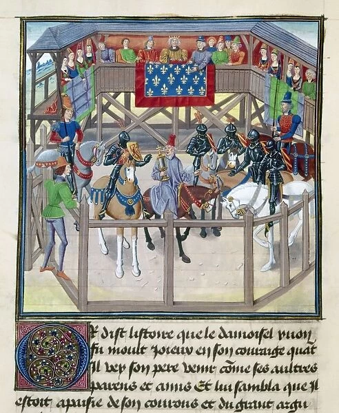 KNIGHTS IN TOURNAMENT. Knights on horseback in a ring at a medieval tournament, one of whom (left) is being presented with a trophy. French manuscript illumination, 15th century