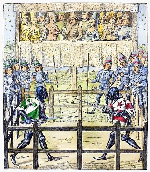 KNIGHTS: TRIAL BY COMBAT. Knights in a trial by combat. Line engraving after a miniature from a 15th century French manuscript