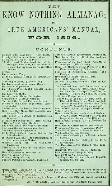 KNOW NOTHING ALMANAC, 1856. Advertisement for The Know Nothing Almanac, 1856