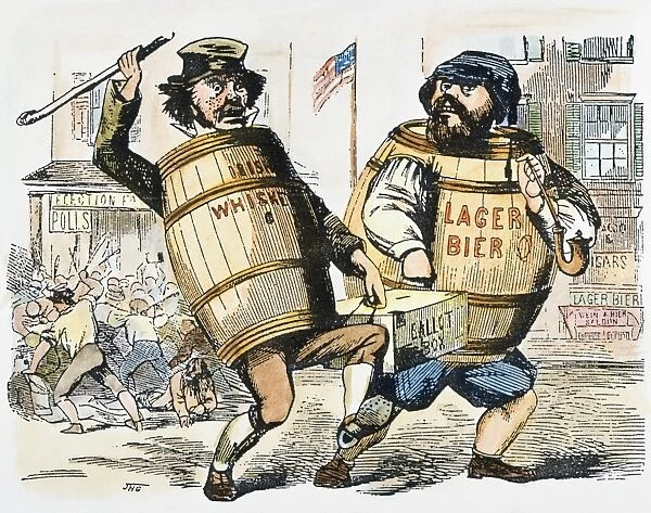 KNOW-NOTHING CARTOON. American cartoon, c1850, supporting the Know-Nothing charge that Irish and German immigrants were stealing American elections and running the big city political machines