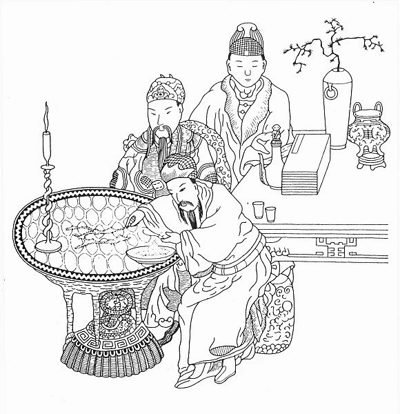Also known as Ch in Shih Huang Ti or Cheng. Chinese emperor. The emperor maps the Great Wall in sand. Chinese line drawing