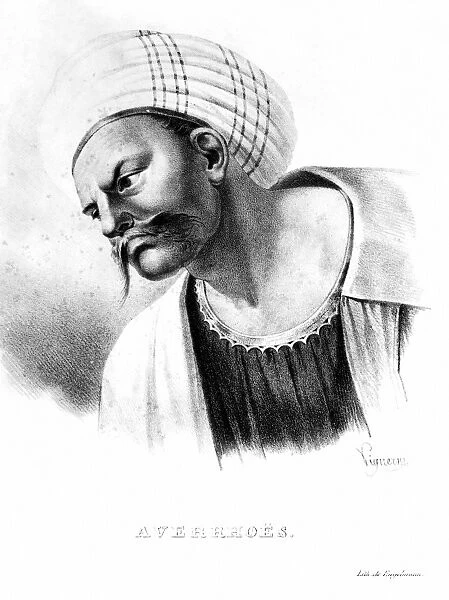 Also known as Ibn-Rushd. Spanish-Arabian philosopher and physician. Lithograph, French, 19th century, by Pierre Roch Vigneron and Godefroy Engelmann