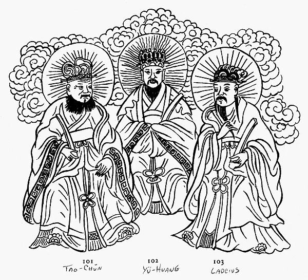 Also known as the Three Pure Ones. Tao-Chun, Yu-Huang and Lao Tse. Line drawing