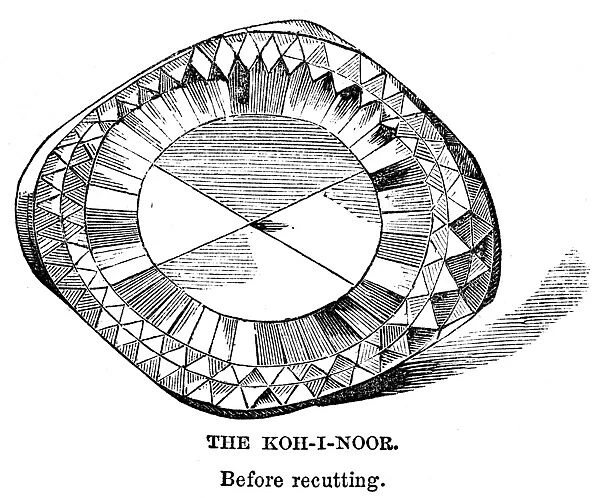 KOH-I-NOOR DIAMOND. The Koh-I-Noor diamond before it was recut in 1851. Engraving, 1866
