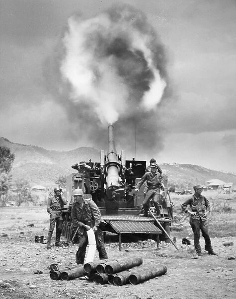 KOREAN WAR: ARTILLERY. An American 155mm Long Tom self-propelled cannon joins Allied artillery on Koreas east-central front, 19 May 1951