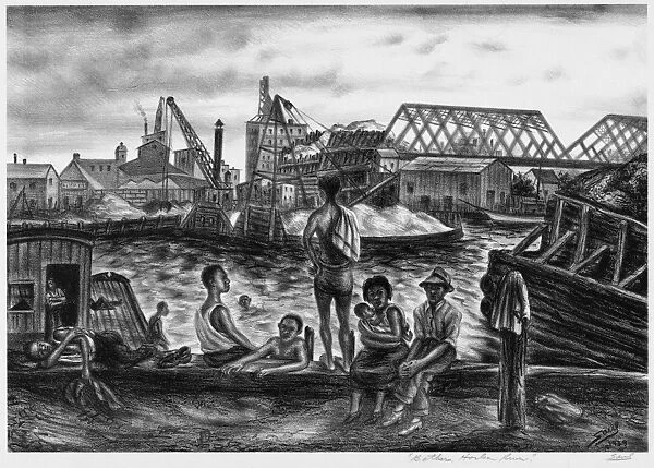 KOVNER: BATHERS, 1939. Bathers, Harlem River. Lithograph by Saul Kovner, 1939