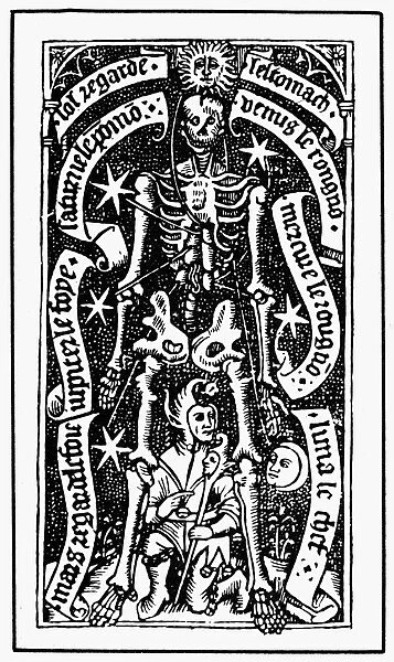 L Homme Phlebotomique as skeleton. Woodcut from Nicholas Le Rouges Grant kalendrier, Troyes, France, 1496