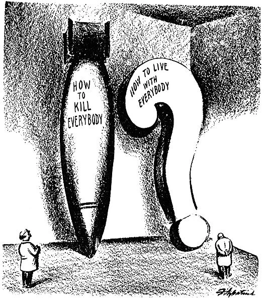 In the Lab of Human Affairs: American cartoon by D. R. Fitzpatrick, 1945, on the two major and contradictory questions facing the world following the use of the atomic bomb in the closing days of World War II