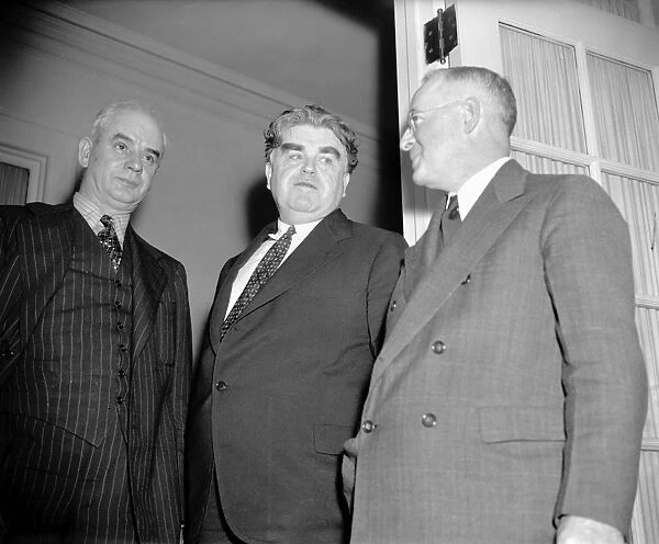 LABOR LEADERS, 1938. Left to right: American labor leaders Philip Murray, chairman of the Congress of Industrial Organizations steel organizing committee; John L. Lewis, president of the C. I. O. ; and Thomas Kennedy, former candidate for Pennsylvania governor. Photograph, 1938
